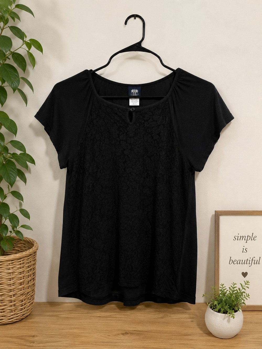 Black Lace-Front Short Sleeve Girls's Top